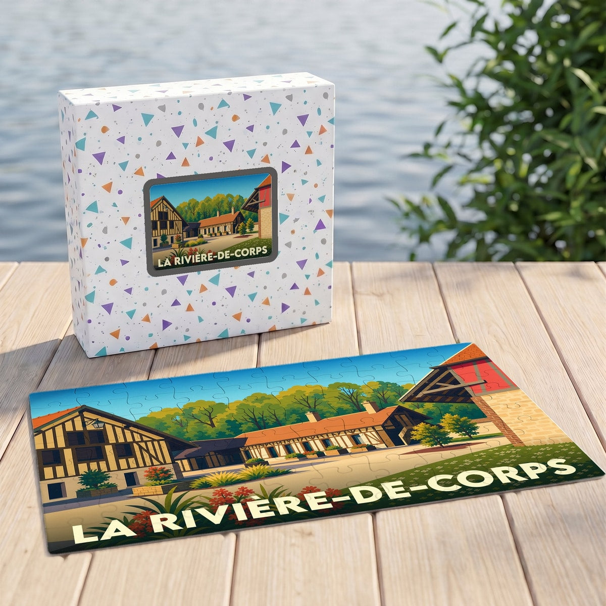 Puzzle souvenir de la ville de La Rivière-de-Corps avec une illustration stylisée de maisons à colombages.