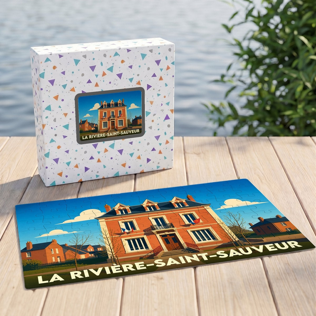 Puzzle souvenir de la ville de La Rivière-Saint-Sauveur avec une illustration stylisée d'un bâtiment historique.