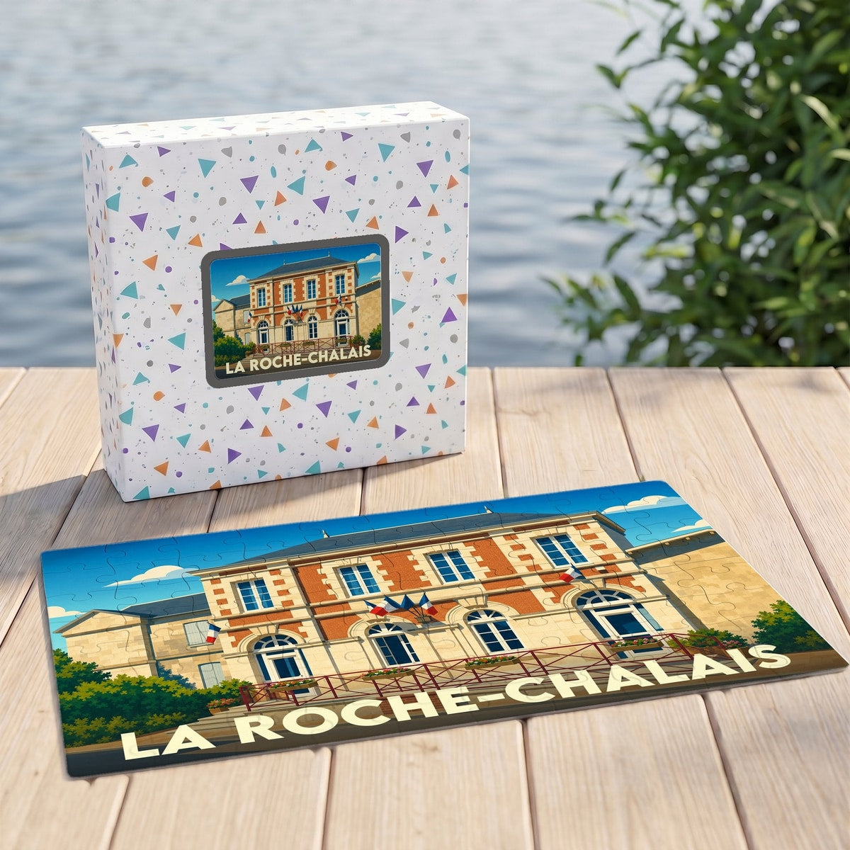 Puzzle souvenir de la ville de La Roche-Chalais illustrant son hôtel de ville dans un style rétro.