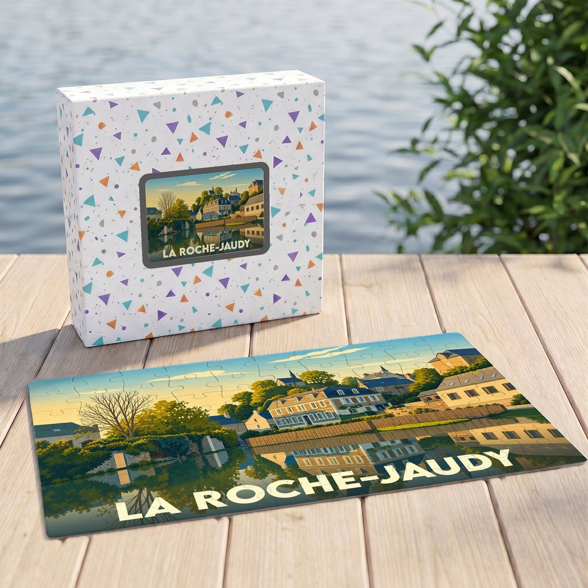 Puzzle souvenir de la commune de La Roche-Jaudy avec une illustration stylisée et colorée.