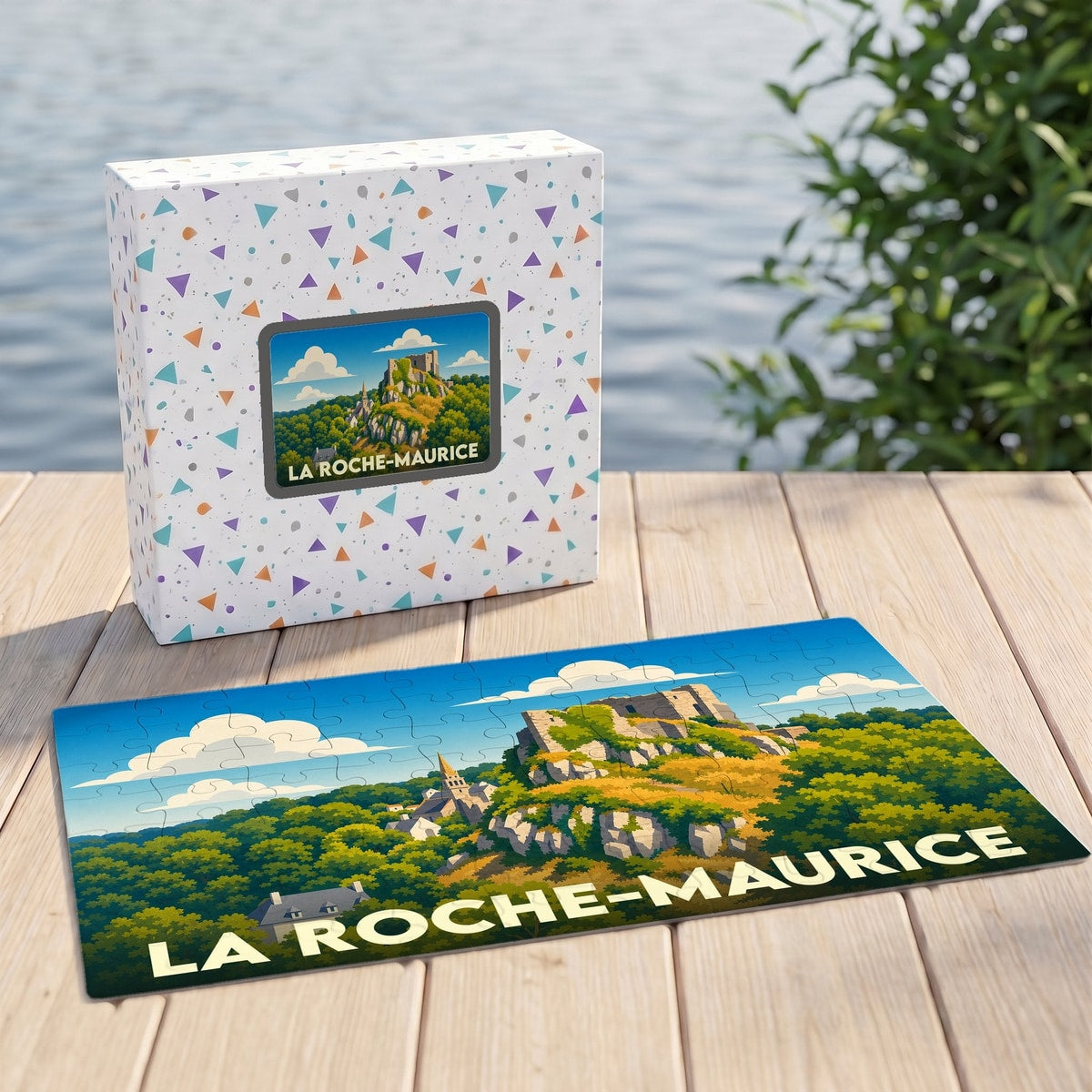 Puzzle souvenir de la ville de La Roche-Maurice avec une illustration stylisée d'un château médiéval.