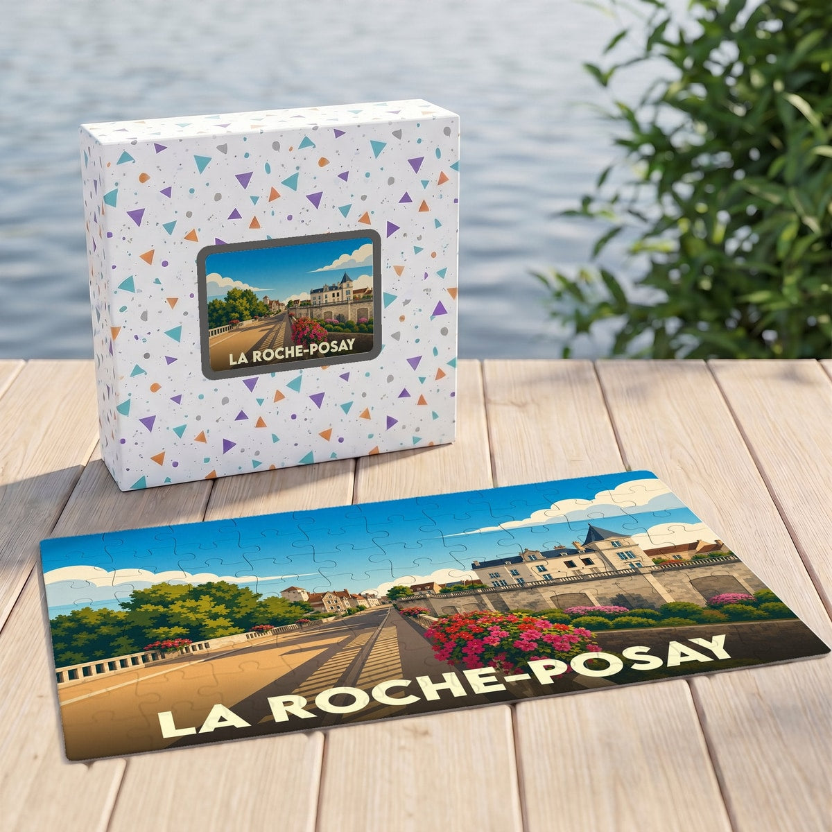 Puzzle souvenir de la ville de La Roche-Posay présenté avec sa boîte illustrée sur un ponton en bois.