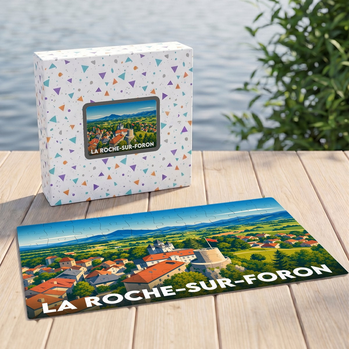 Puzzle souvenir de la ville de La Roche-sur-Foron présentant une illustration colorée du paysage urbain et de ses montagnes.