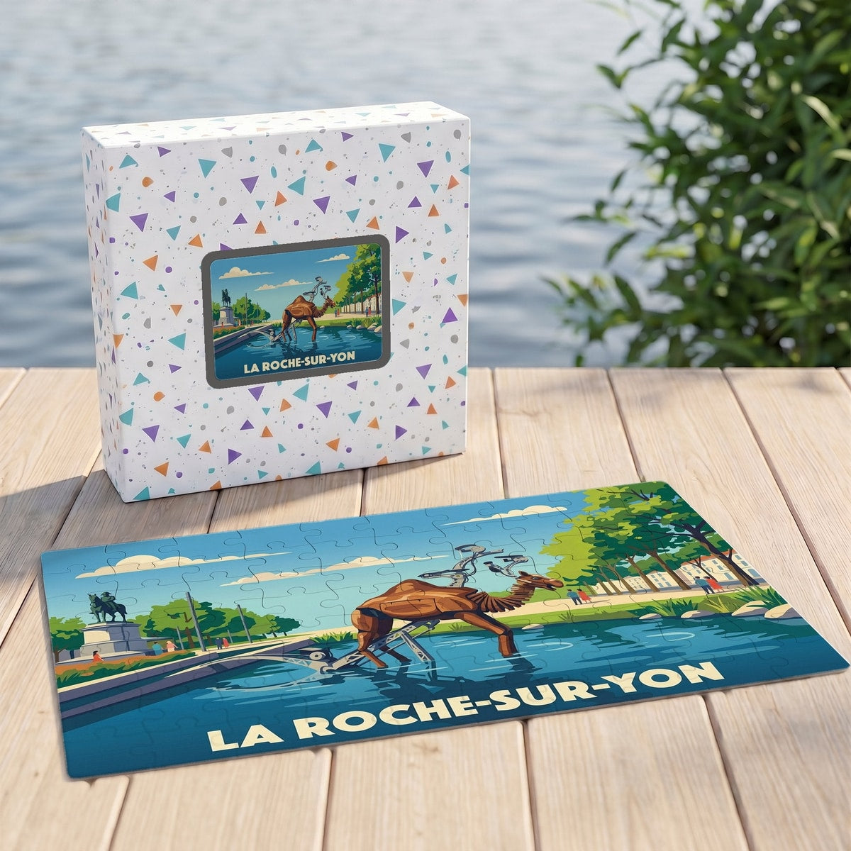 Puzzle souvenir de la ville de La Roche-sur-Yon illustrant ses célèbres animaux mécaniques dans un style rétro.