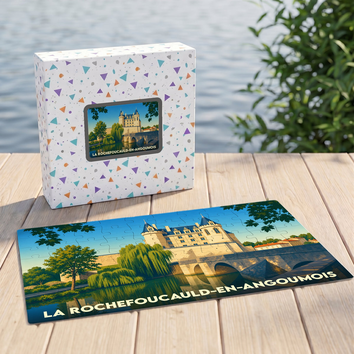 Puzzle souvenir de la ville de La Rochefoucauld-en-Angoumois avec une illustration stylisée de son château et de son pont.