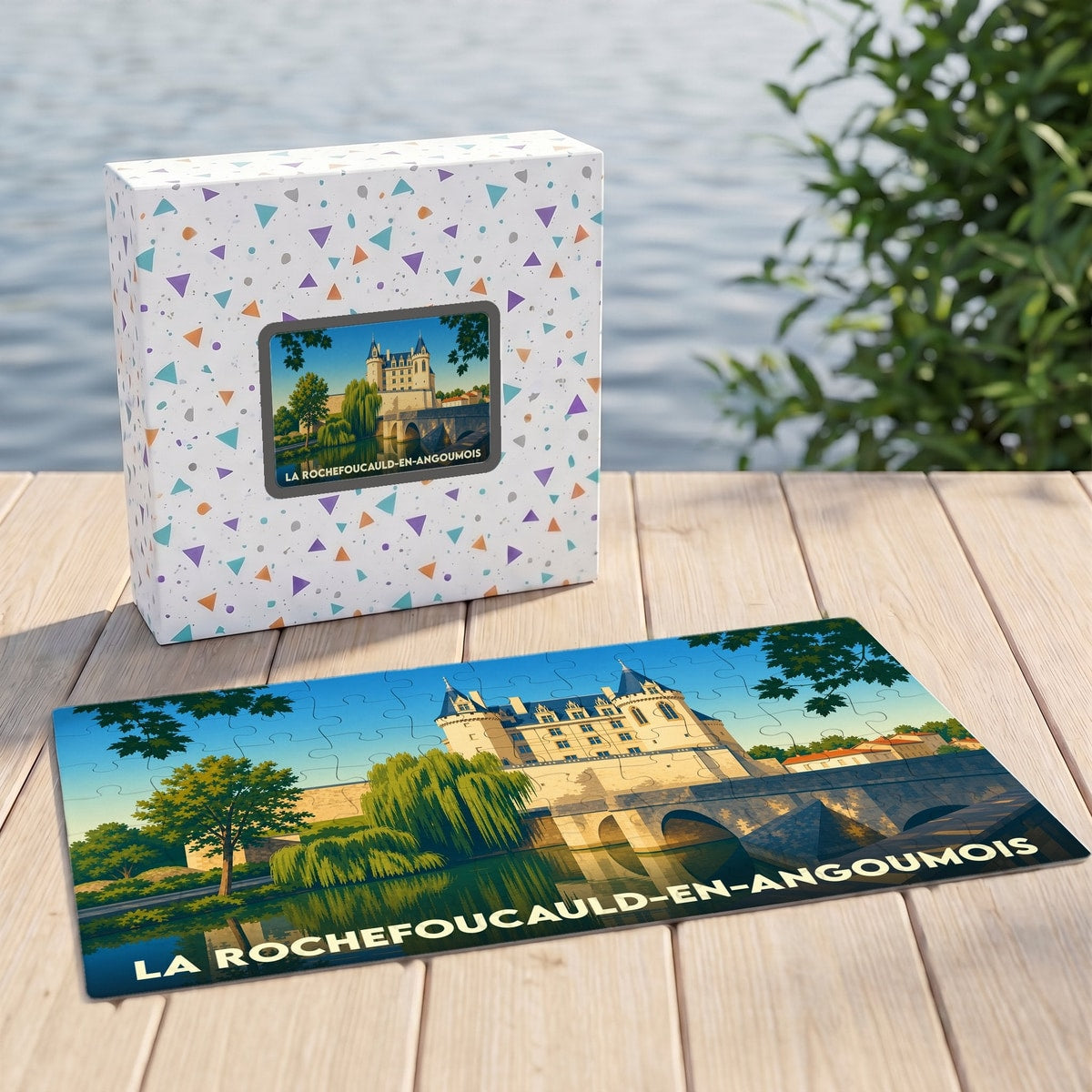 Puzzle souvenir de la ville de La Rochefoucauld-en-Angoumois avec une illustration stylisée de son château et de son pont.