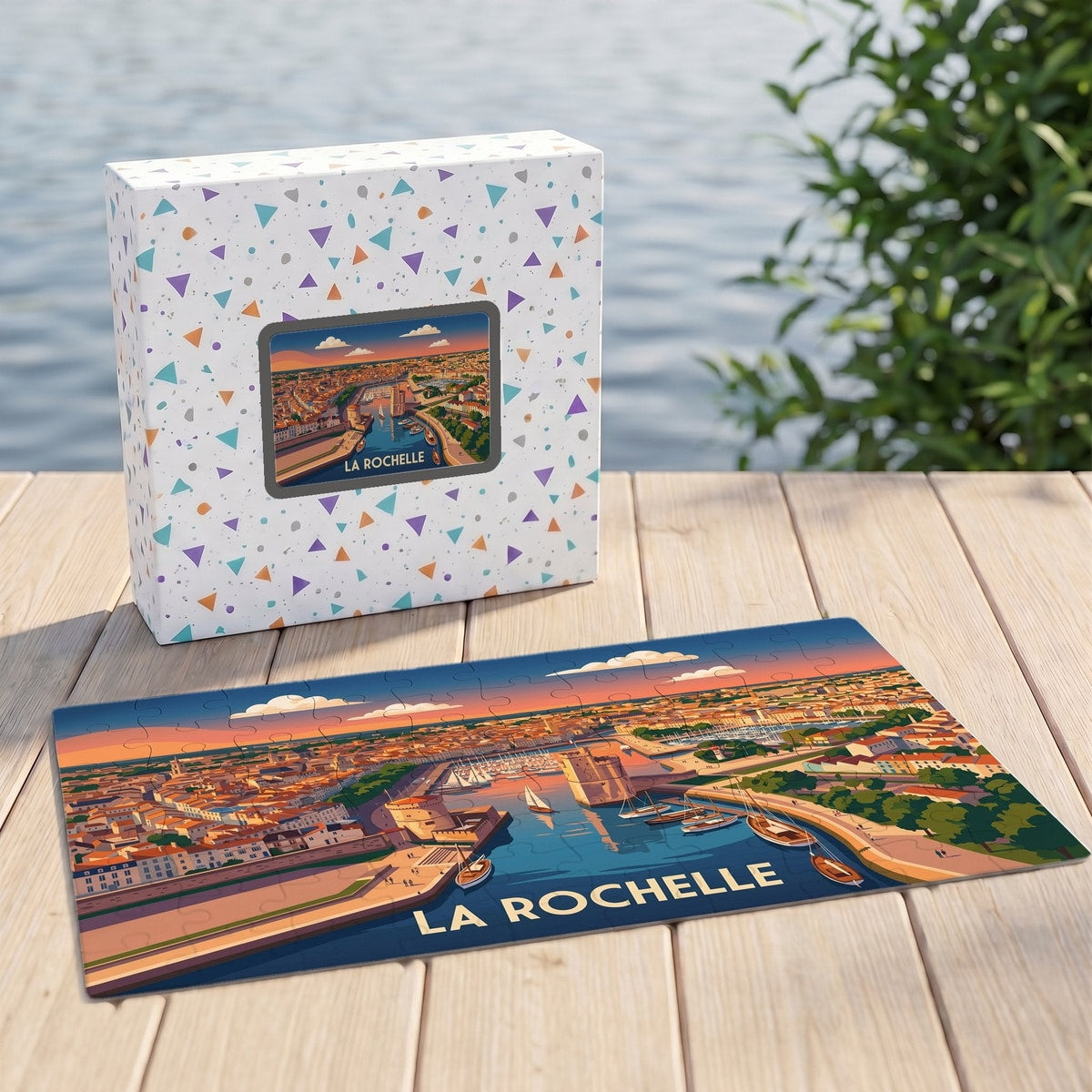 Puzzle souvenir de la ville de La Rochelle avec une illustration stylisée de son vieux port au coucher du soleil.