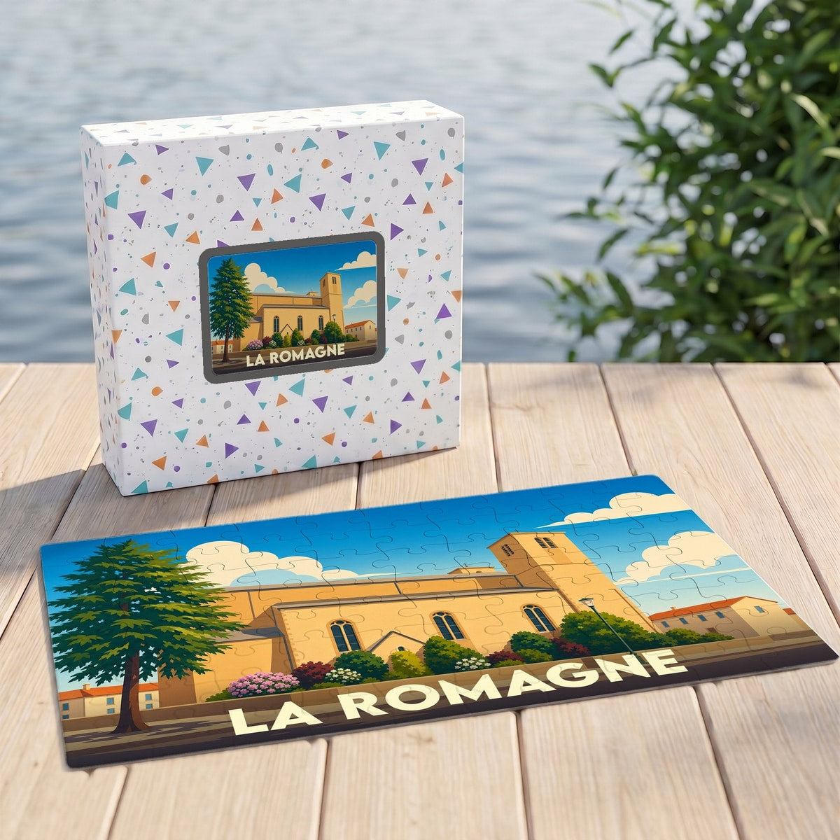 Puzzle souvenir de la ville de La Romagne avec une illustration stylisée de son église et de son paysage.