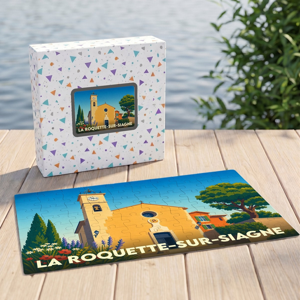 Puzzle souvenir de la ville de La Roquette-sur-Siagne avec une illustration stylisée de son église et de son clocher.