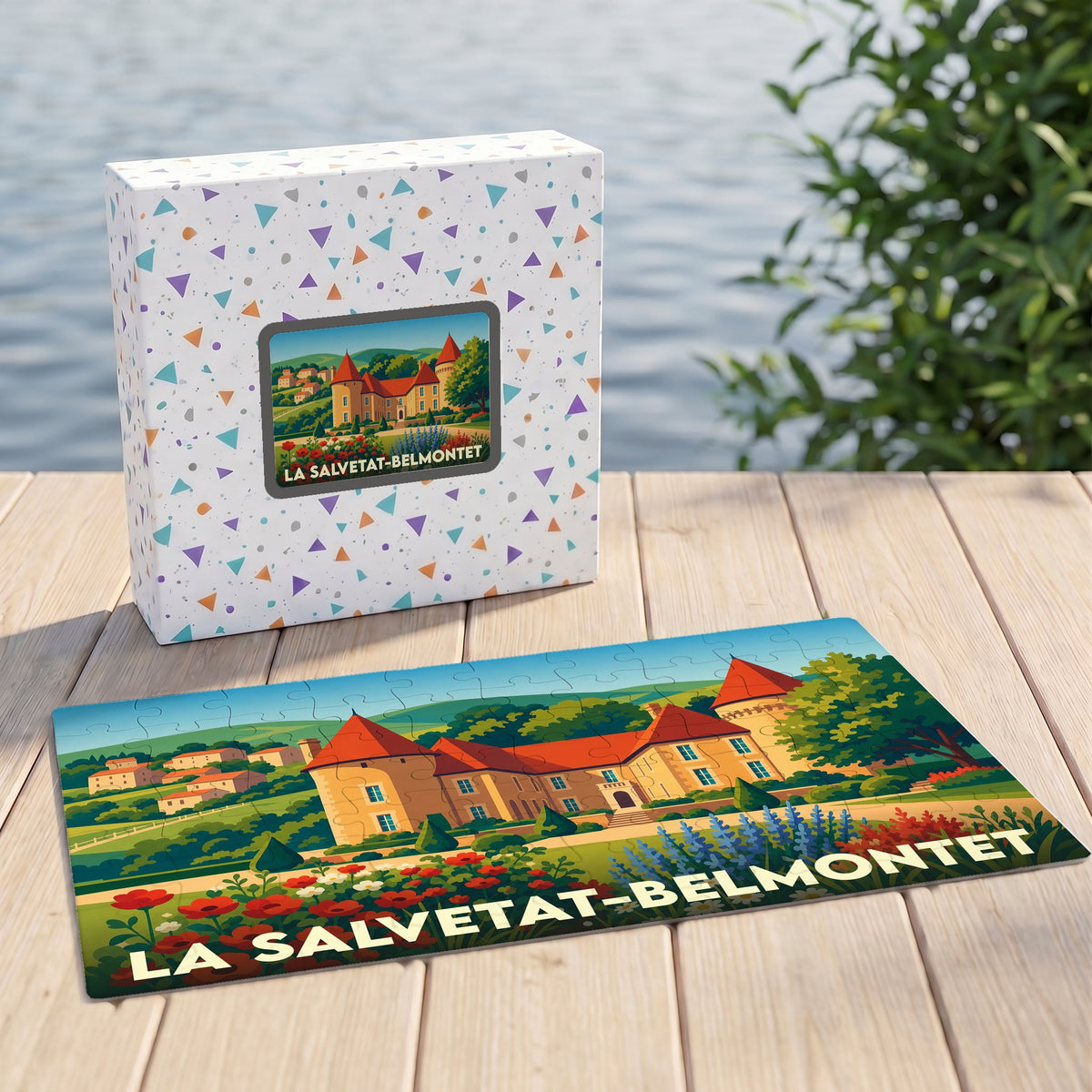 Puzzle souvenir de la ville de La Salvetat-Belmontet avec une illustration stylisée de son château.