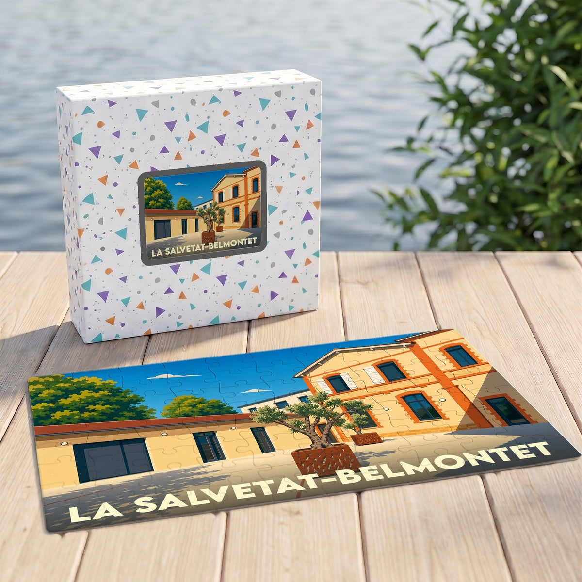 Puzzle souvenir de la ville de La Salvetat-Belmontet avec une illustration stylisée.