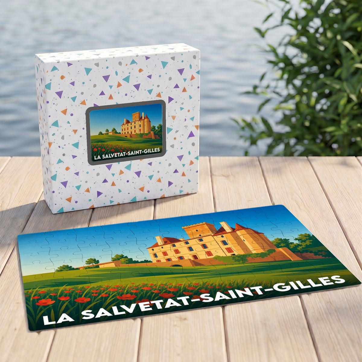 Puzzle souvenir de la ville de La Salvetat-Saint-Gilles avec une illustration stylisée d'un château.