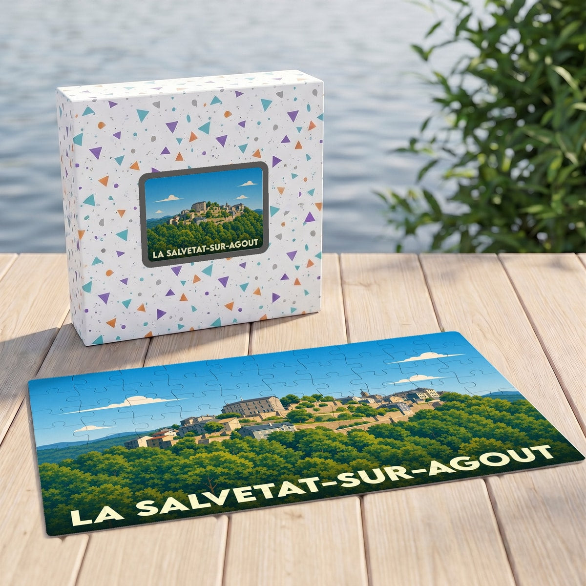 Puzzle souvenir de la ville de La Salvetat-sur-Agout avec une illustration paysagère stylisée.
