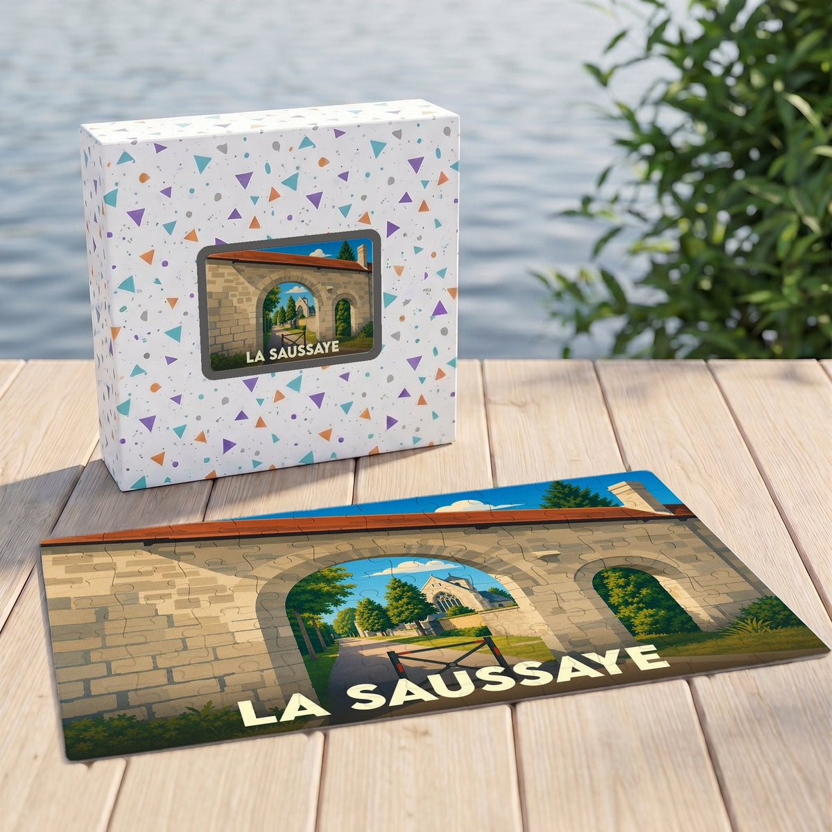 Puzzle souvenir de la ville de La Saussaye avec une illustration stylisée d'un portail en pierre ouvert sur une église.