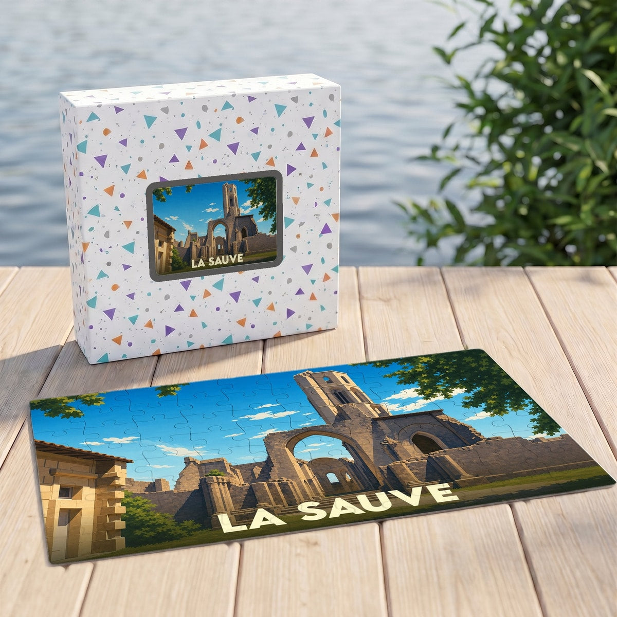 Puzzle souvenir de la ville de La Sauve avec une illustration stylisée de son abbaye.
