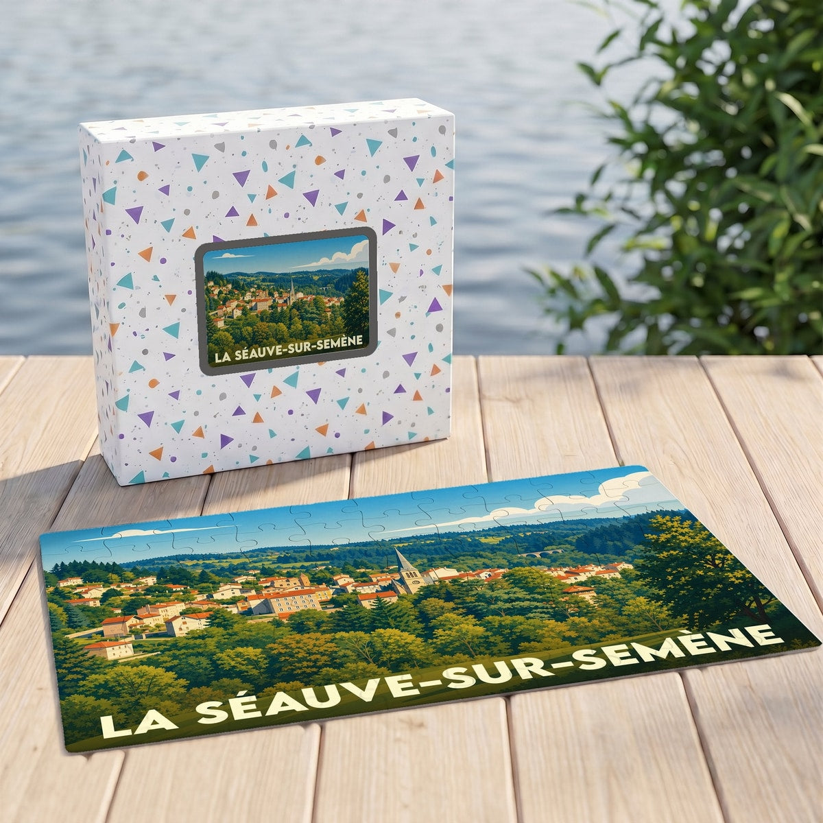 Puzzle souvenir de la ville de La Séauve-sur-Semène avec une illustration paysagère stylisée.