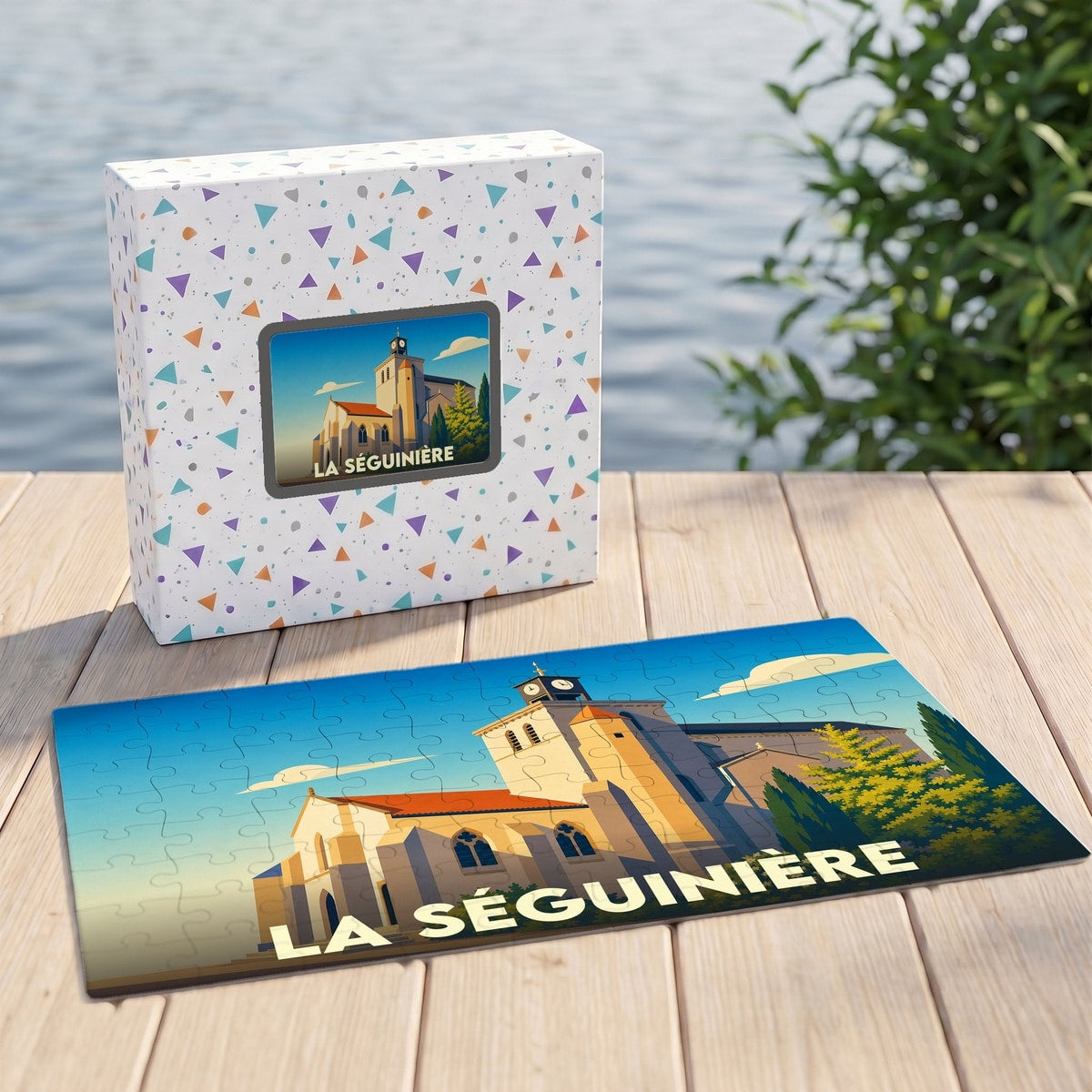 Puzzle souvenir de la ville de La Séguinière avec une illustration stylisée de son église.