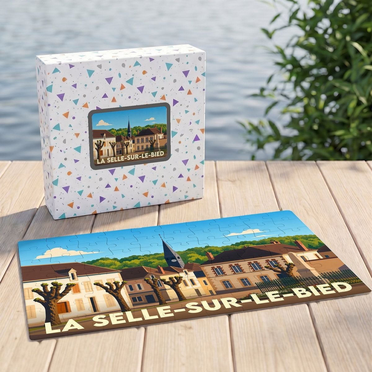 Puzzle souvenir de la ville de La Selle-sur-le-Bied avec une illustration stylisée.