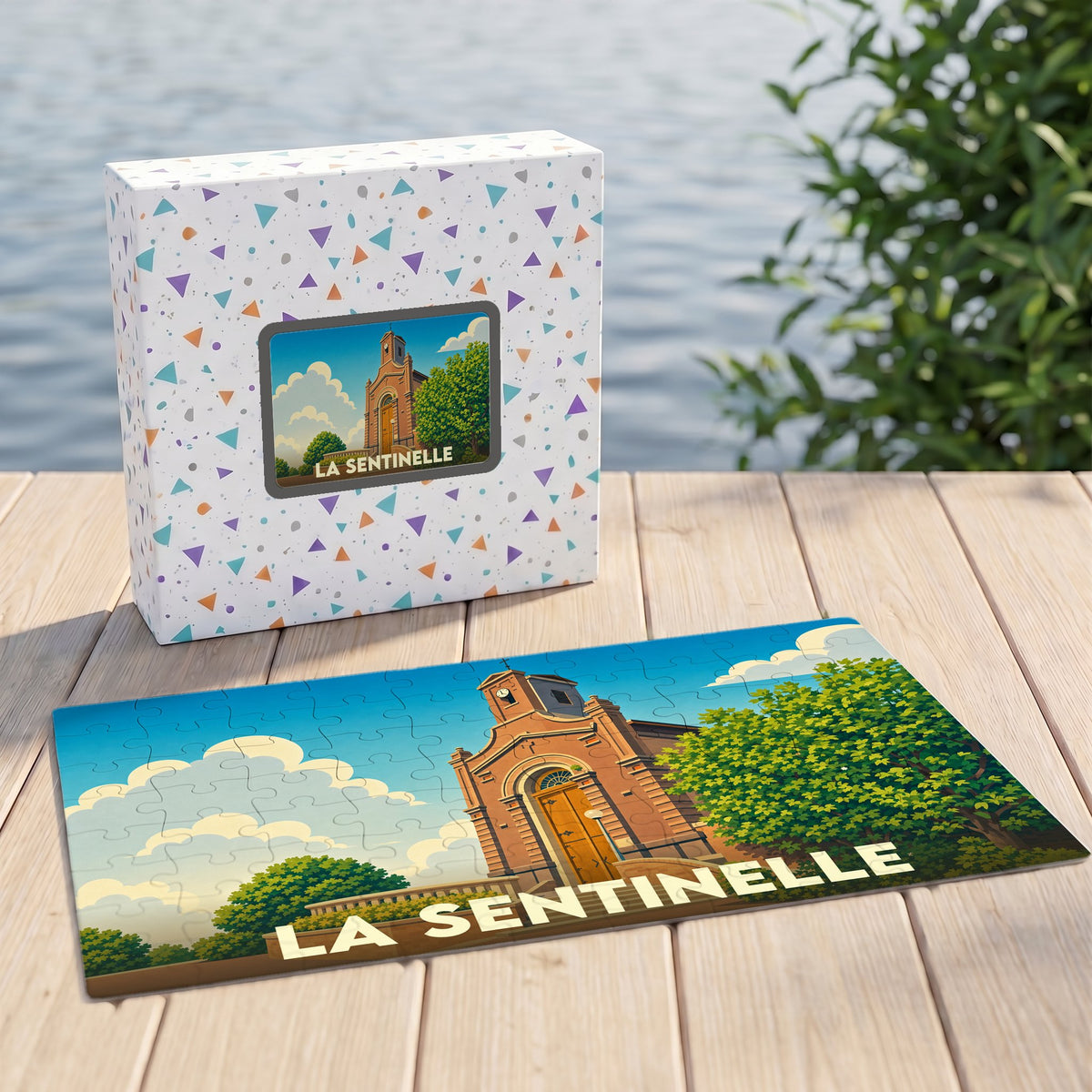 Puzzle souvenir de la ville de La Sentinelle avec une illustration stylisée d'un monument local.