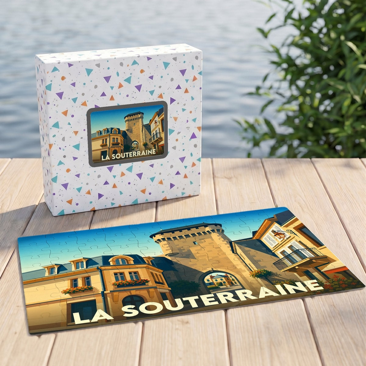 Puzzle souvenir de la ville de La Souterraine avec une illustration stylisée et colorée.