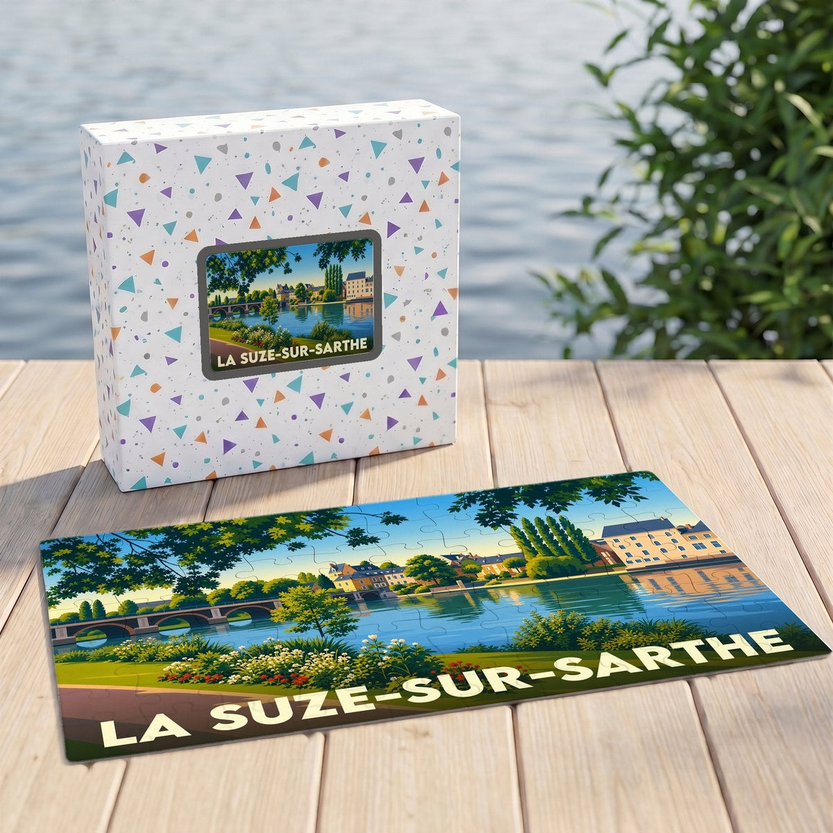 Puzzle souvenir de la ville de La Suze-sur-Sarthe avec une illustration stylisée des bords de la Sarthe.