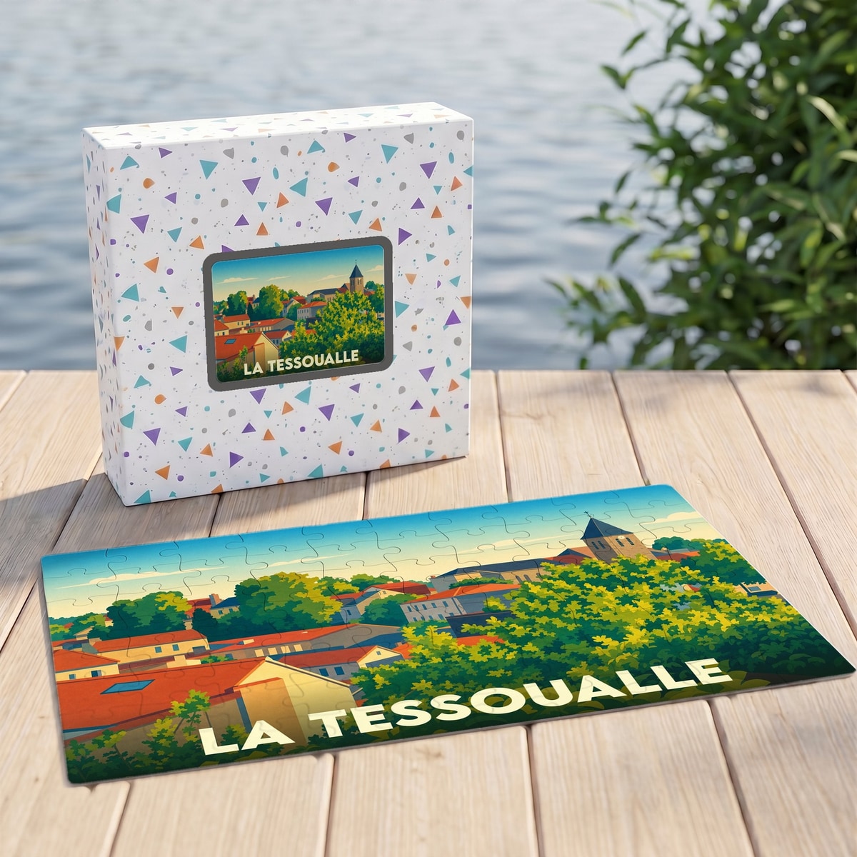 Puzzle souvenir de la ville de La Tessoualle présentant une illustration colorée et stylisée du paysage urbain.
