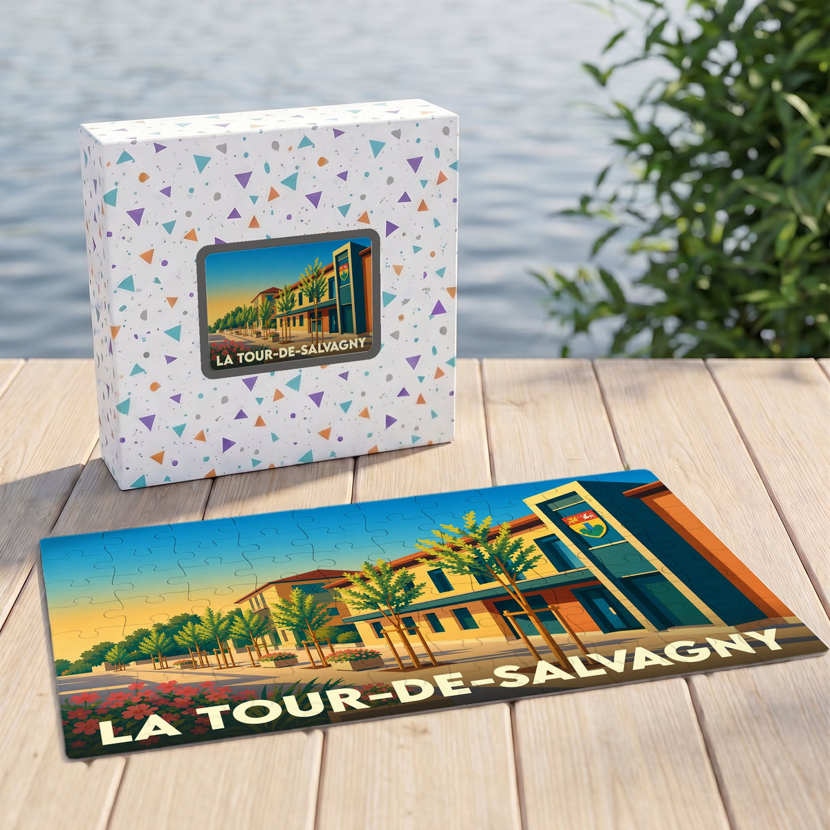 Puzzle souvenir de la ville de La Tour-de-Salvagny avec une illustration stylisée d'un bâtiment emblématique.