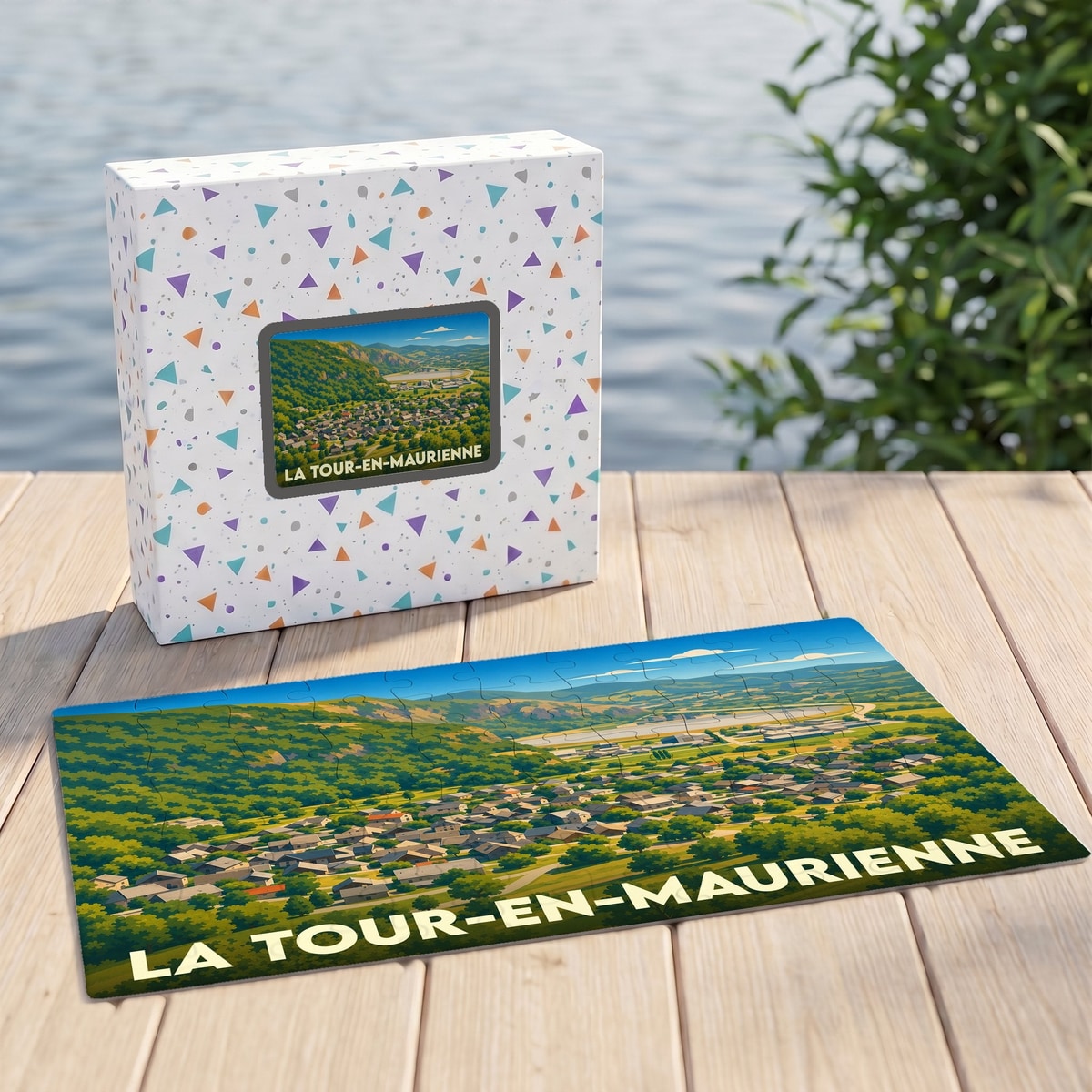 Puzzle souvenir de la ville de La Tour-en-Maurienne avec une illustration paysagère stylisée.