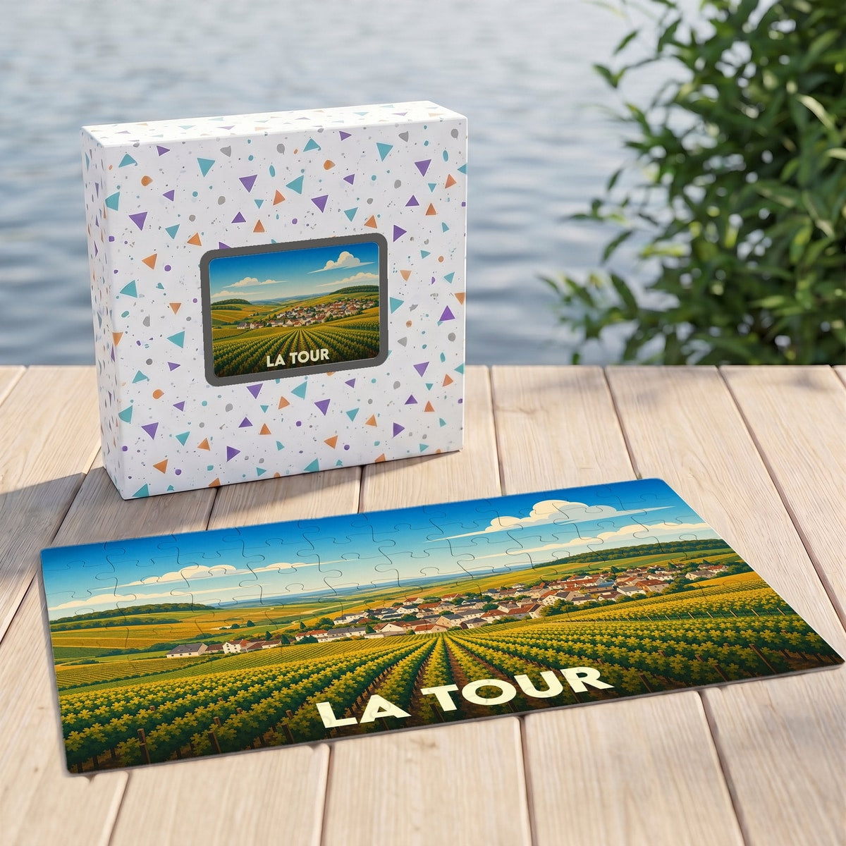 Puzzle souvenir de la ville de La Tour représentant un paysage de vignobles ensoleillé.