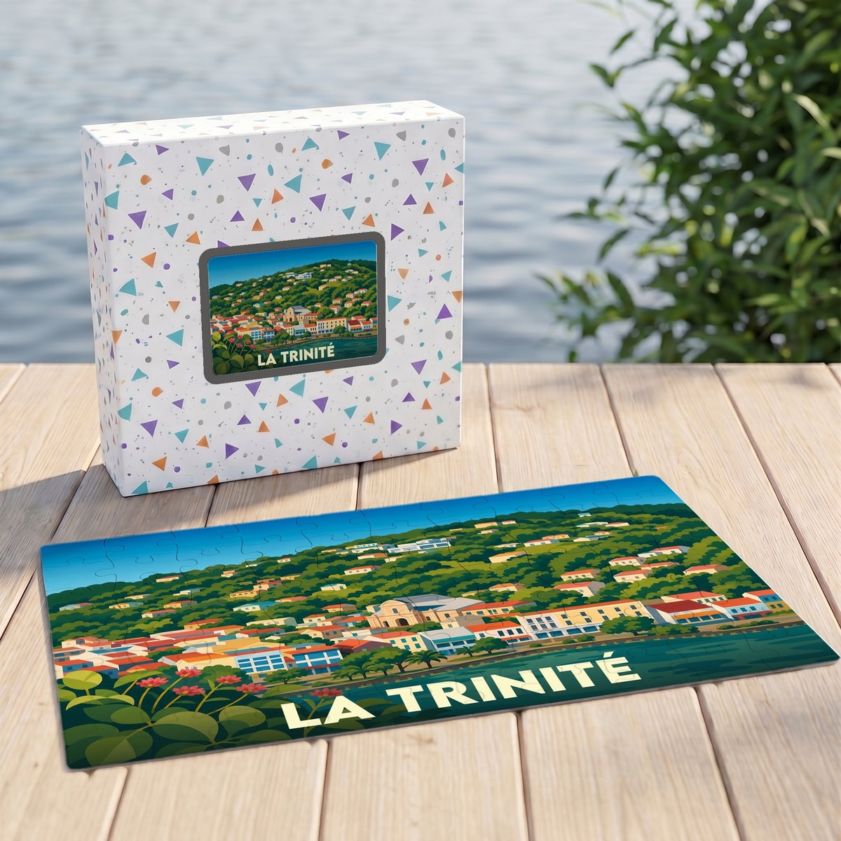 Puzzle souvenir de la ville de La Trinité avec une illustration stylisée d'un paysage côtier.