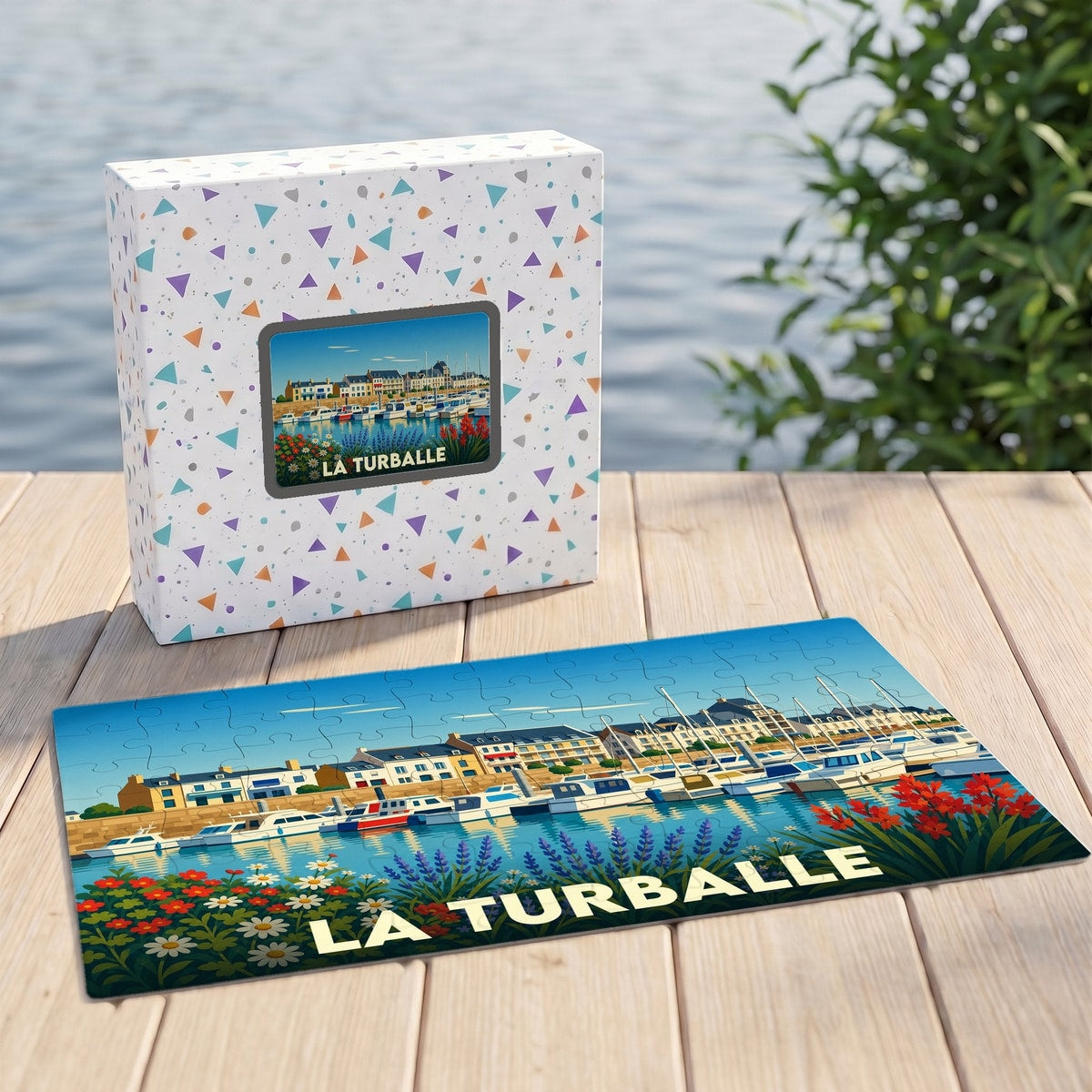 Puzzle souvenir de la ville de La Turballe avec une illustration stylisée d'un port de plaisance.