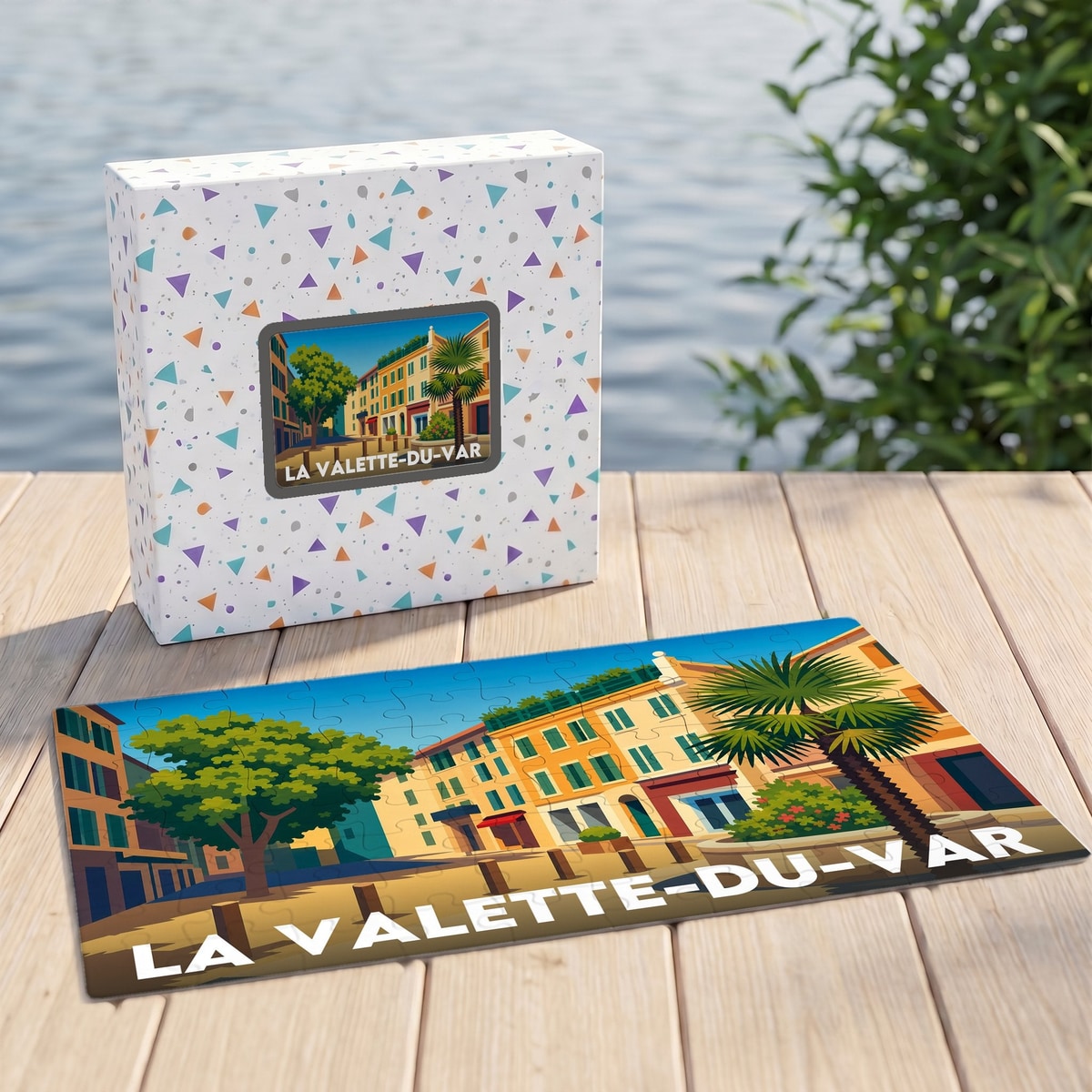 Puzzle souvenir de la ville de La Valette-du-Var avec une illustration colorée et stylisée de ses rues.