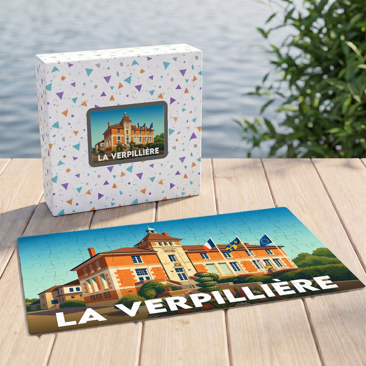 Puzzle souvenir de la ville de La Verpillière avec une illustration stylisée d'un bâtiment officiel.