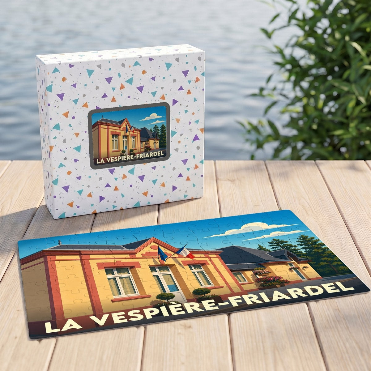 Puzzle souvenir de la ville de La Vespière-Friardel avec une illustration stylisée du bâtiment de la mairie.
