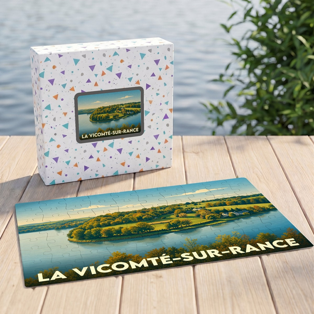 Puzzle souvenir de la ville de La Vicomté-sur-Rance avec une illustration paysagère stylisée.