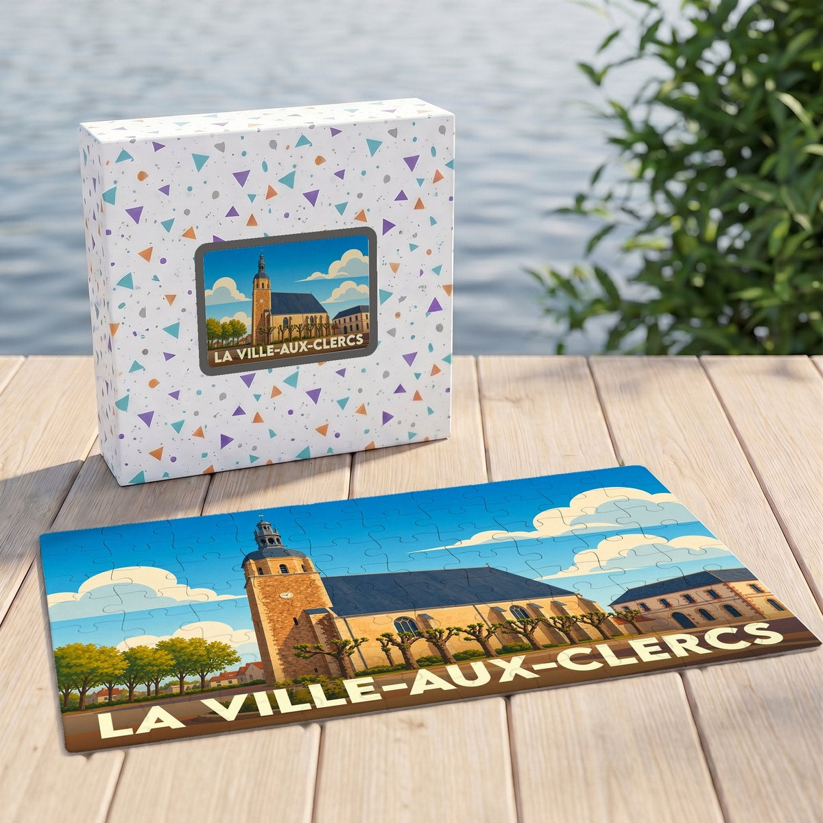 Puzzle souvenir de la ville de La Ville-aux-Clercs avec une illustration stylisée de son église.