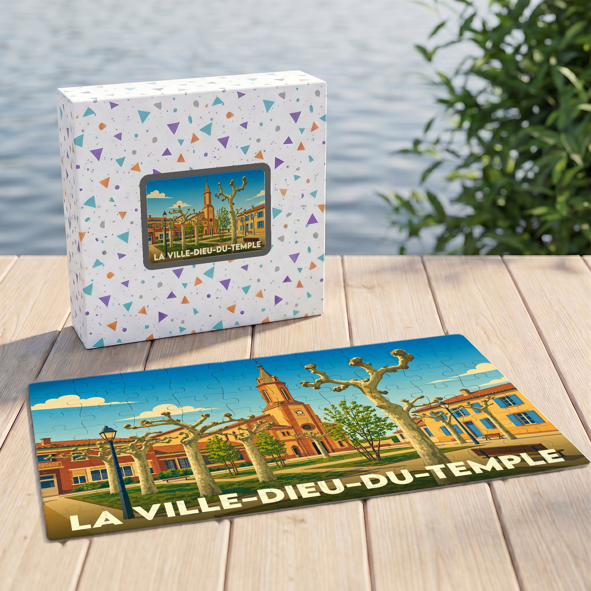 Puzzle souvenir de La Ville-Dieu-du-Temple présentant une illustration stylisée de la commune.