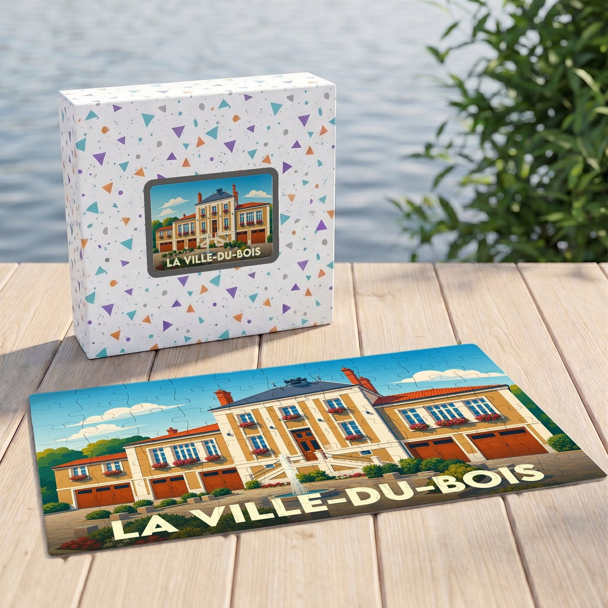 Puzzle souvenir de La Ville-du-Bois représentant une illustration stylisée de la commune.