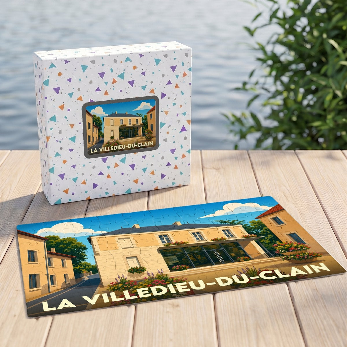 Puzzle souvenir de la ville de La Villedieu-du-Clain avec une illustration stylisée et colorée de son architecture.