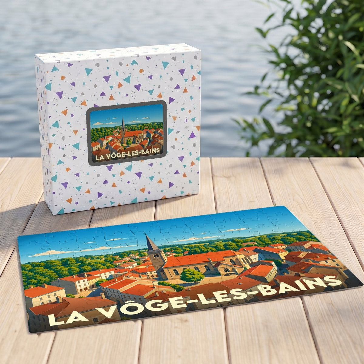 Puzzle souvenir de la ville de La Vôge-les-Bains avec une illustration panoramique stylisée.