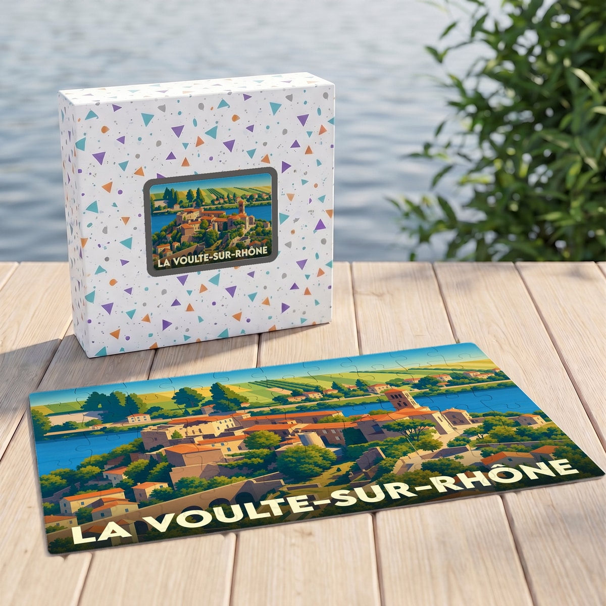 Puzzle souvenir de la ville de La Voulte-sur-Rhône avec une illustration stylisée et colorée.