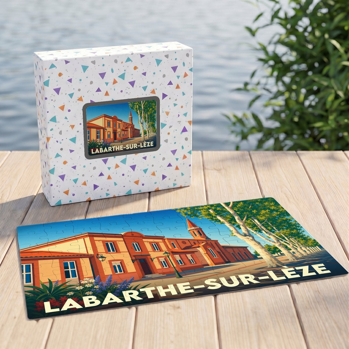 Puzzle souvenir de la ville de Labarthe-sur-Lèze avec une illustration stylisée et colorée.