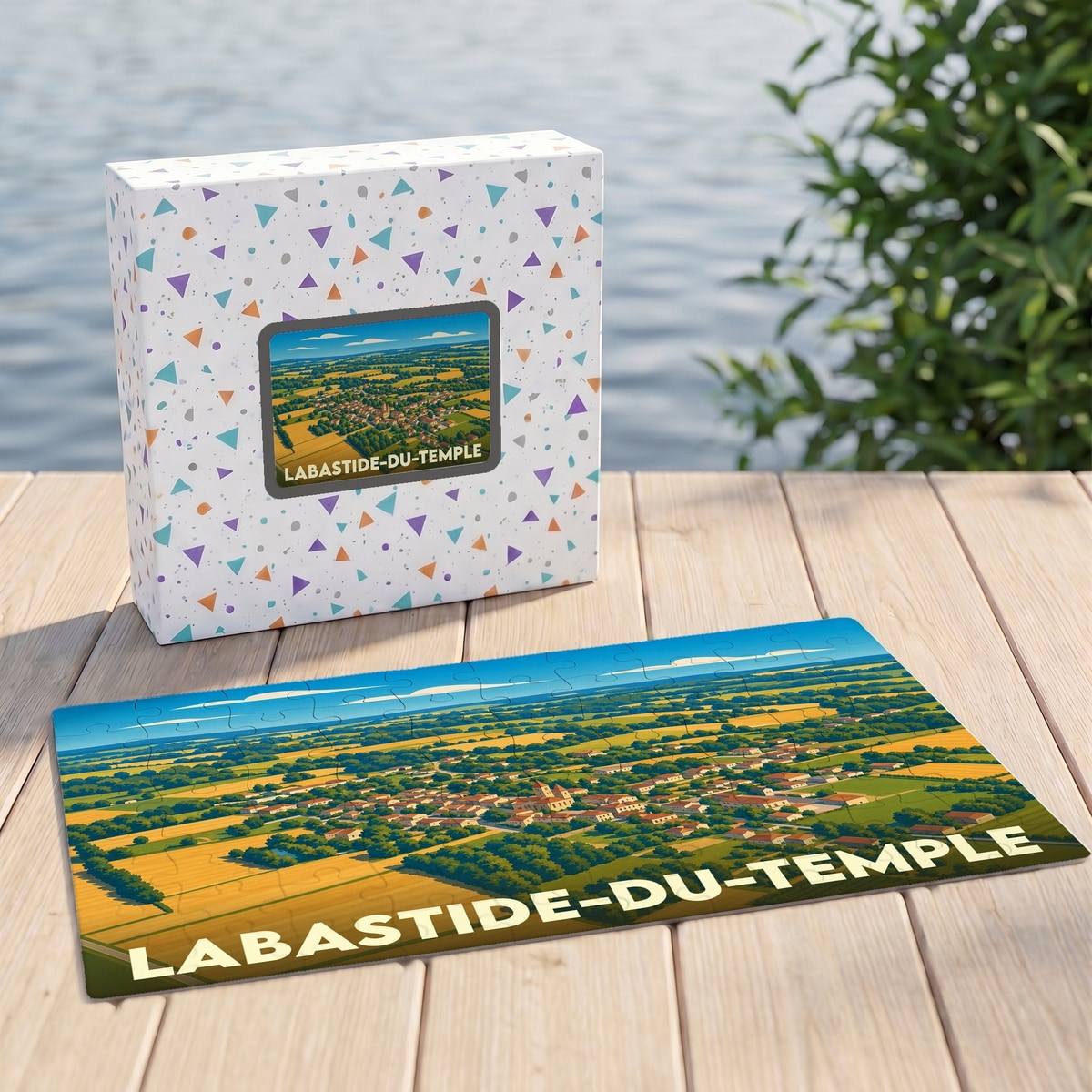 Puzzle souvenir de la ville de Labastide-du-Temple avec une illustration de paysage rural.