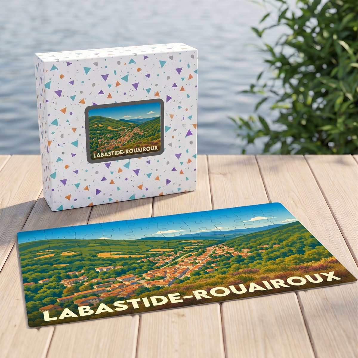 Puzzle souvenir de la ville de Labastide-Rouairoux avec une illustration paysagère stylisée.
