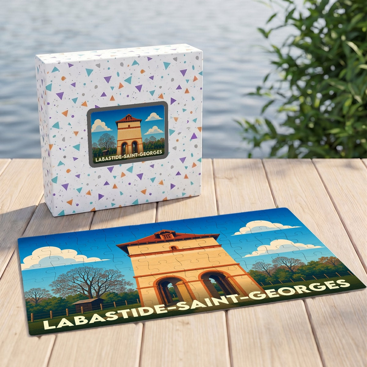 Puzzle souvenir de la ville de Labastide-Saint-Georges avec une illustration stylisée de son architecture locale.