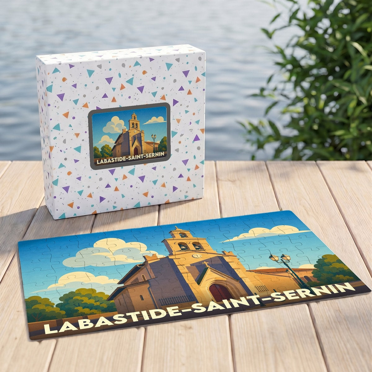 Puzzle souvenir de la ville de Labastide-Saint-Sernin avec une illustration stylisée d'une église sous un ciel ensoleillé.
