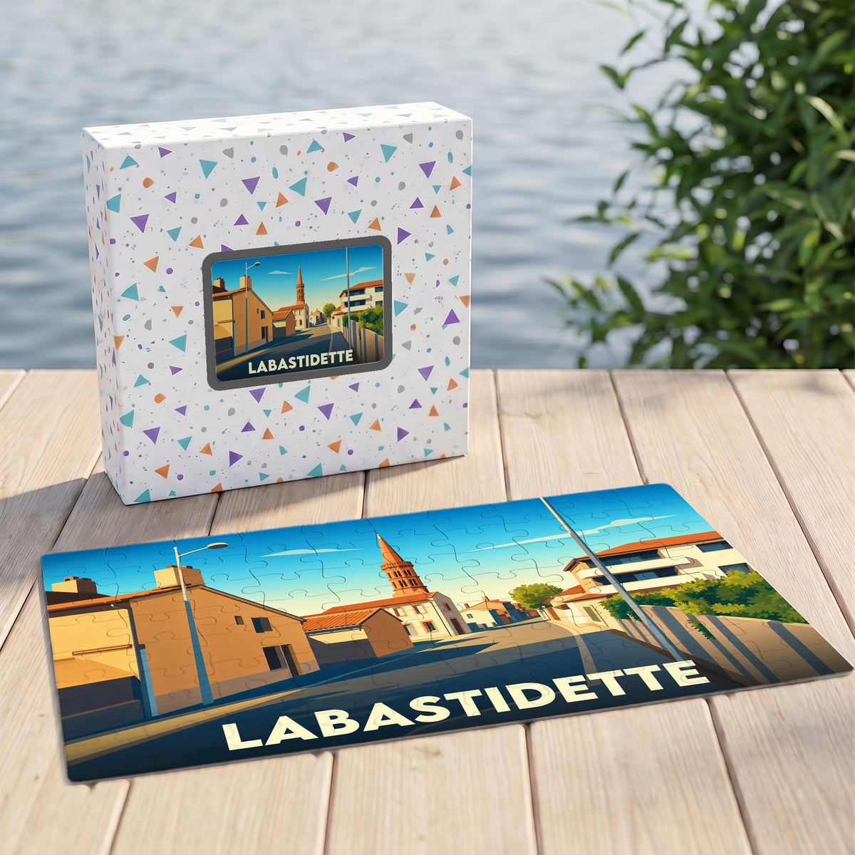 Puzzle souvenir de la ville de Labastidette avec une illustration stylisée d'un paysage urbain.