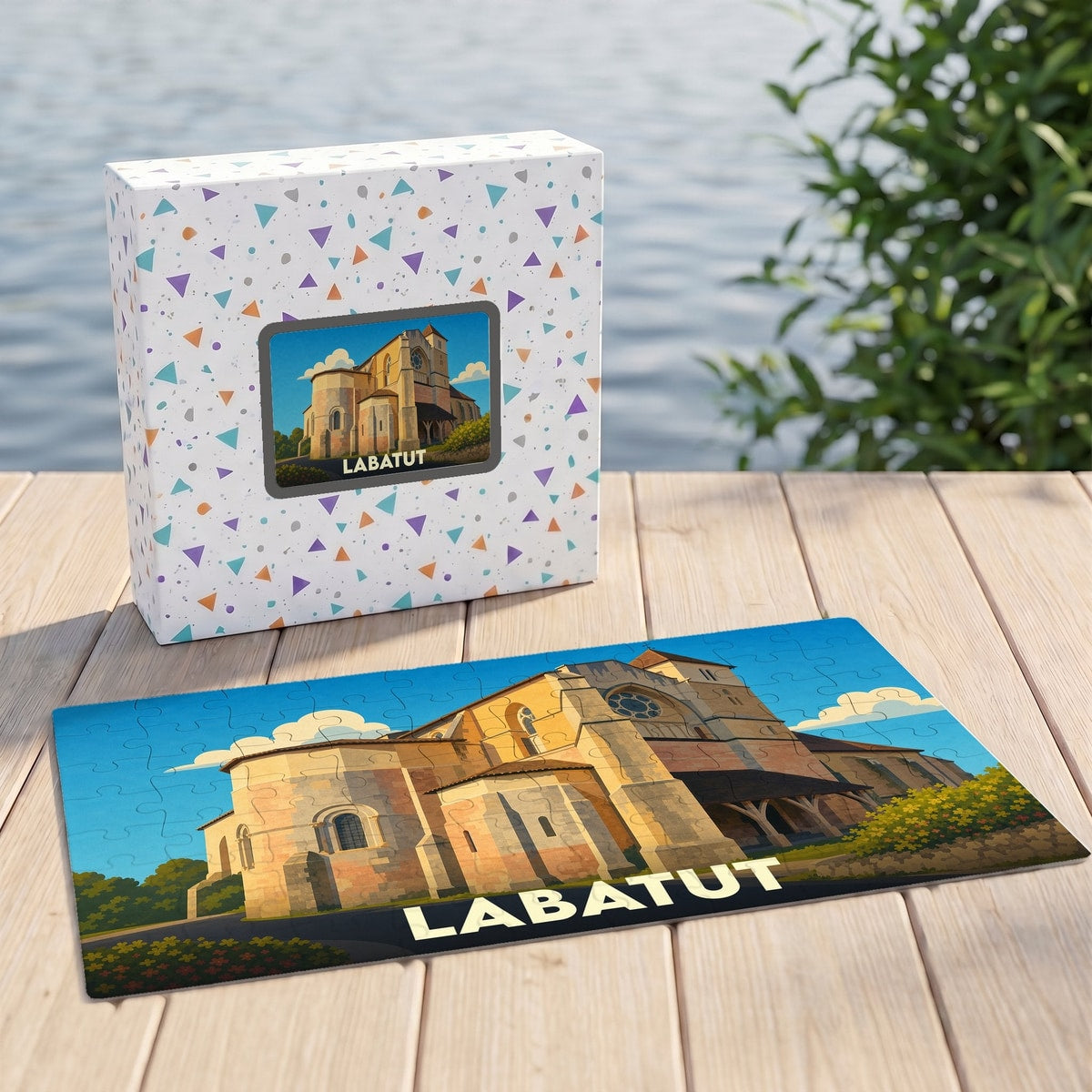 Puzzle souvenir de la ville de Labatut avec une illustration stylisée d'un monument historique.