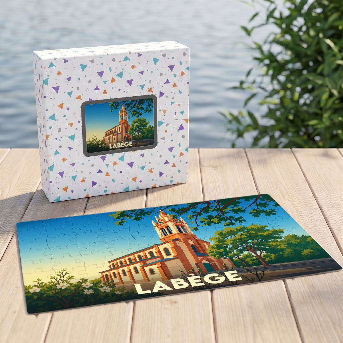 Puzzle souvenir de la ville de Labège avec une illustration stylisée de son église.