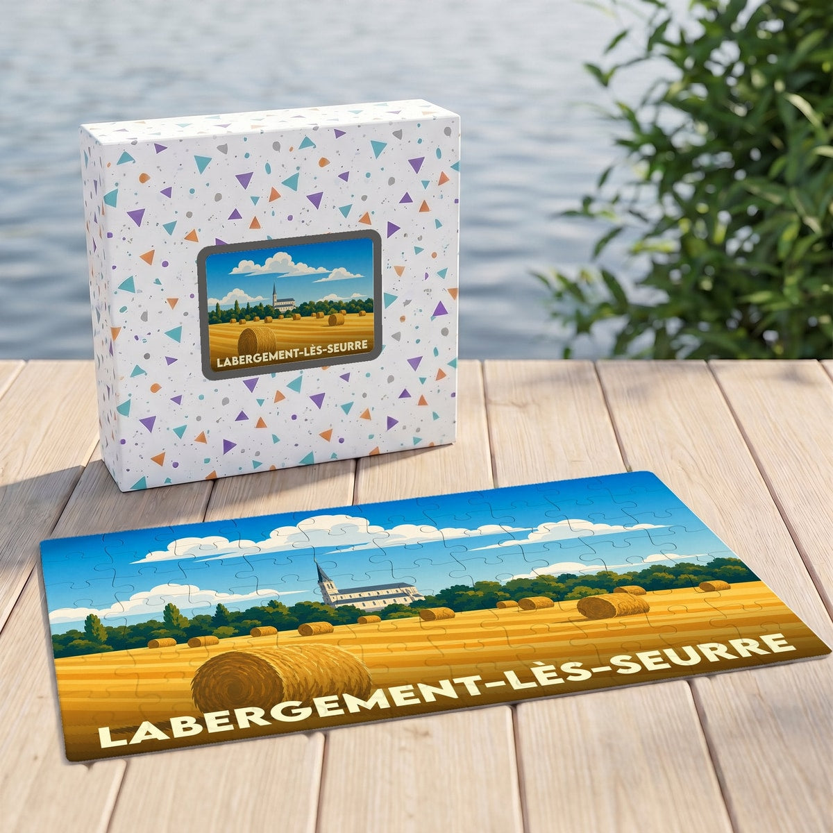 Puzzle souvenir de la ville de Labergement-lès-Seurre illustrant un paysage de champs de blé et son église.